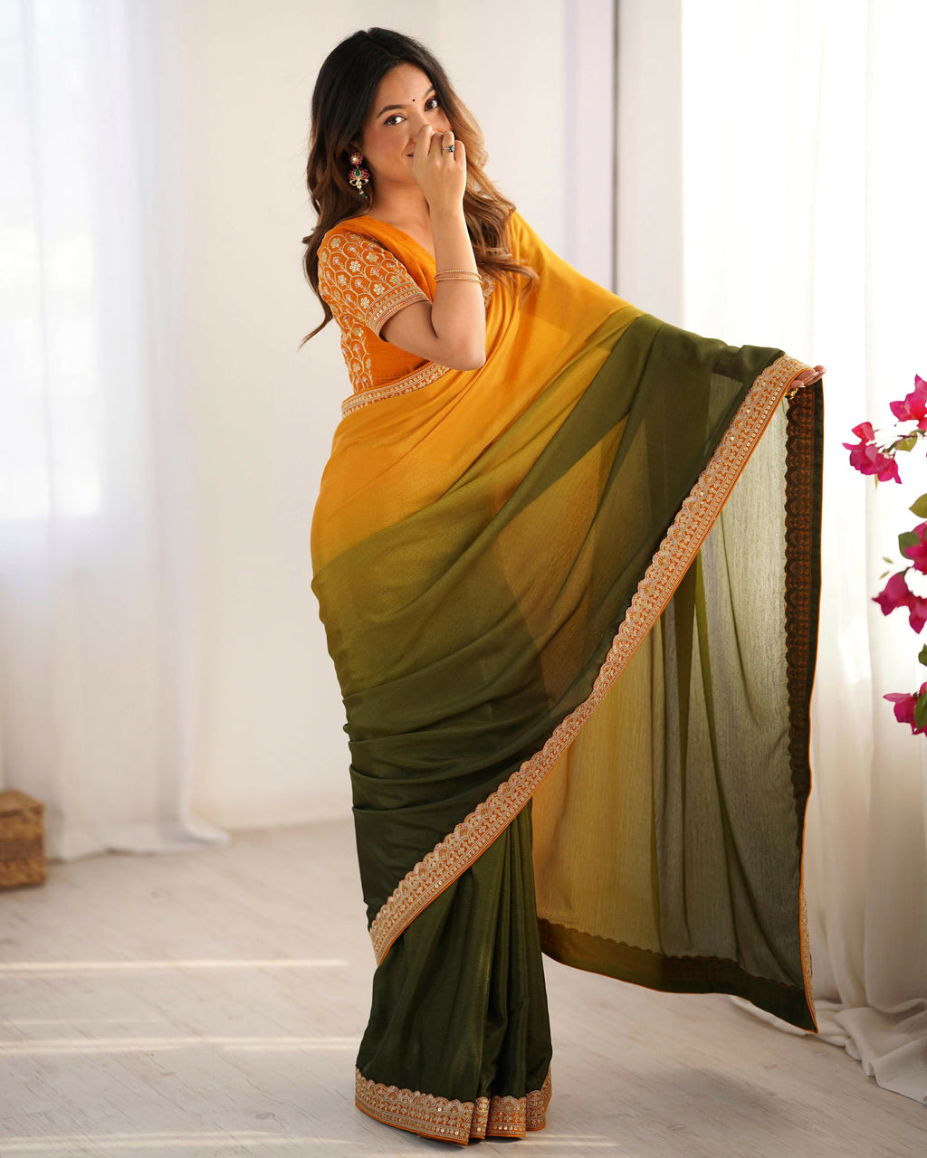 Exclusive Collection Yellow Green Party Wear Chinon Salk Saree