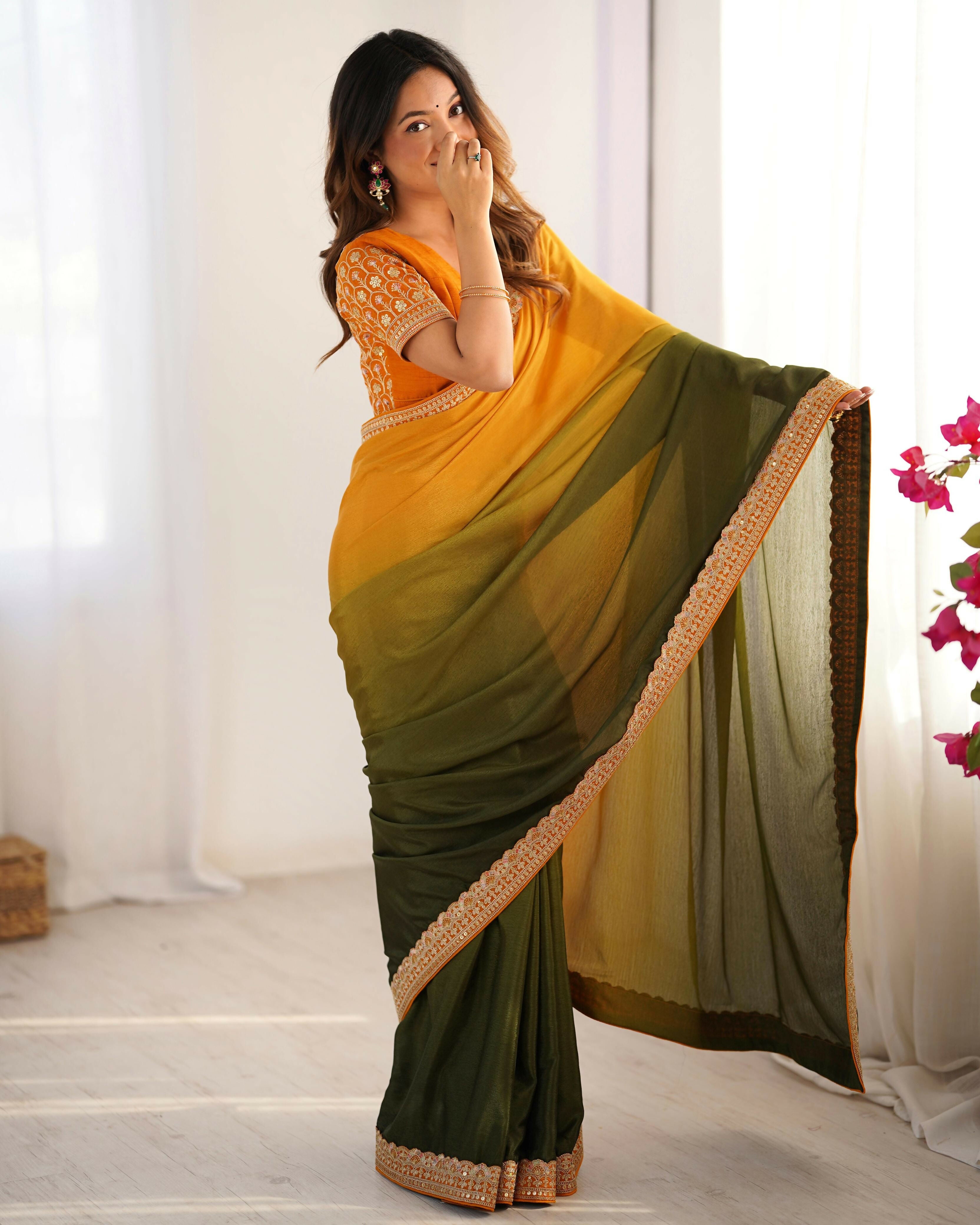 Exclusive Collection Yellow Green Party Wear Chinon Salk Saree