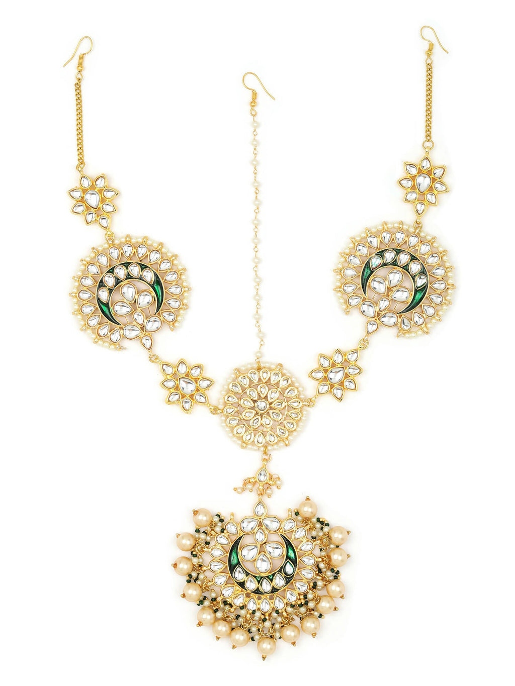 Gold-Plated White Kundan-Studded Pearl Beaded Matha Patti - Ruby Raang - Distacart