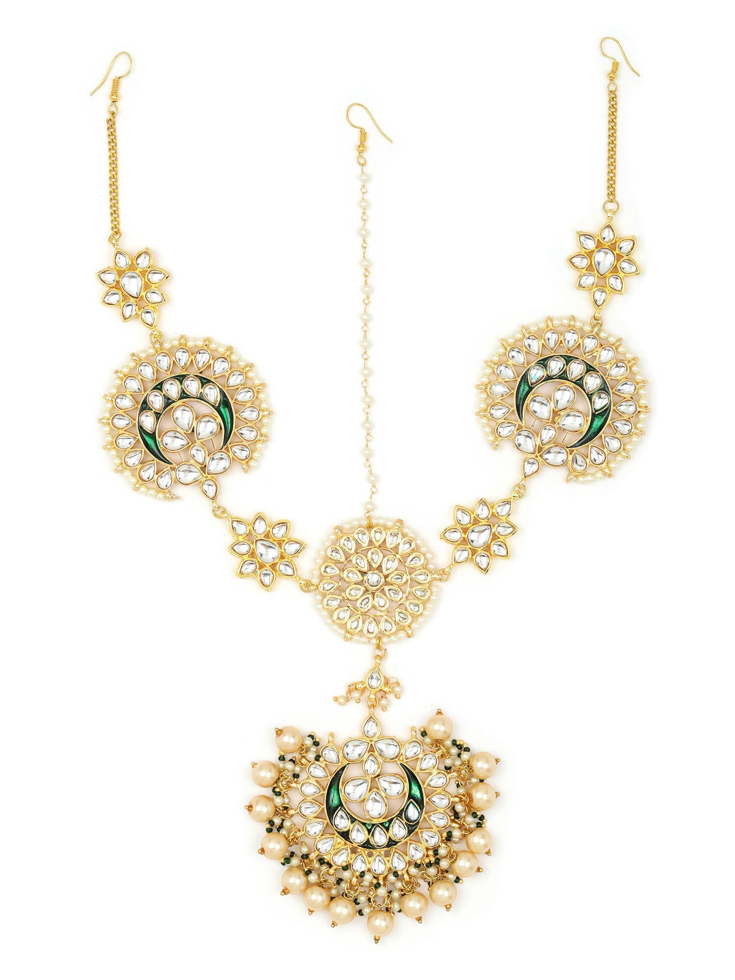 Gold-Plated White Kundan-Studded Pearl Beaded Matha Patti - Ruby Raang - Distacart