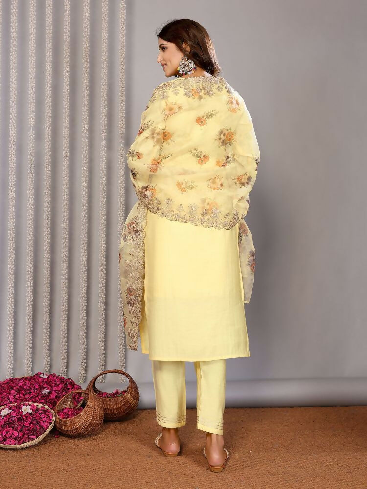 Joban Fashion Women Pale Yellow Roman Embroidery Stitched Kurta Set - Distacart