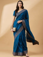 Blue Silk Blend Embroidered Saree with Unstitched Blouse - Vairagi