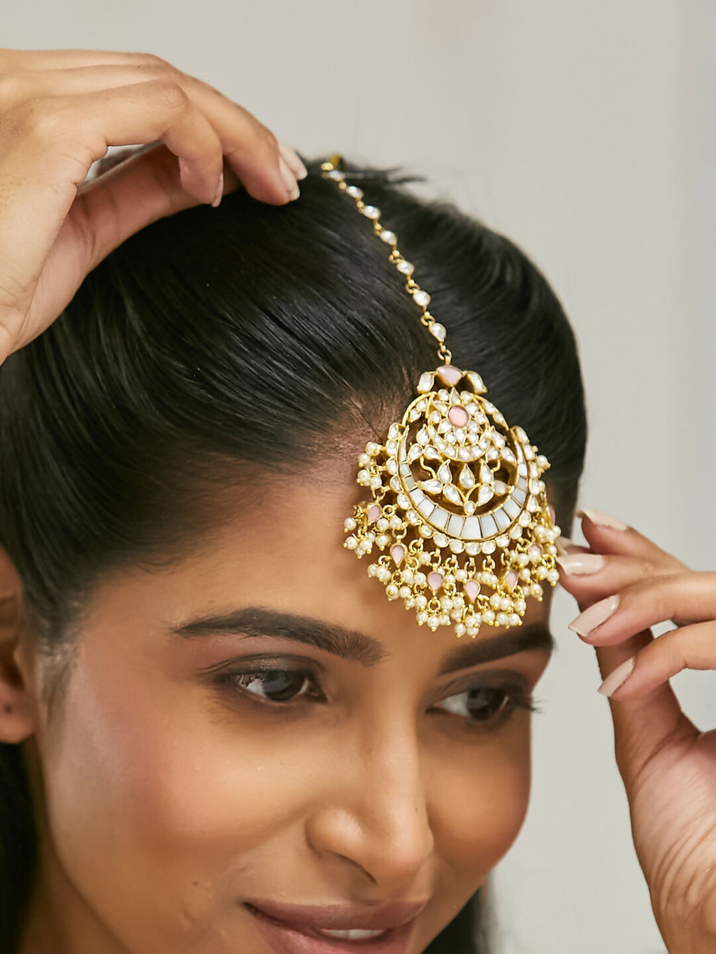Nuyug 22K Gold-Plated Pearls & Pink Kundan Studded Statement Maang Tikka Head Jewellery - Distacart