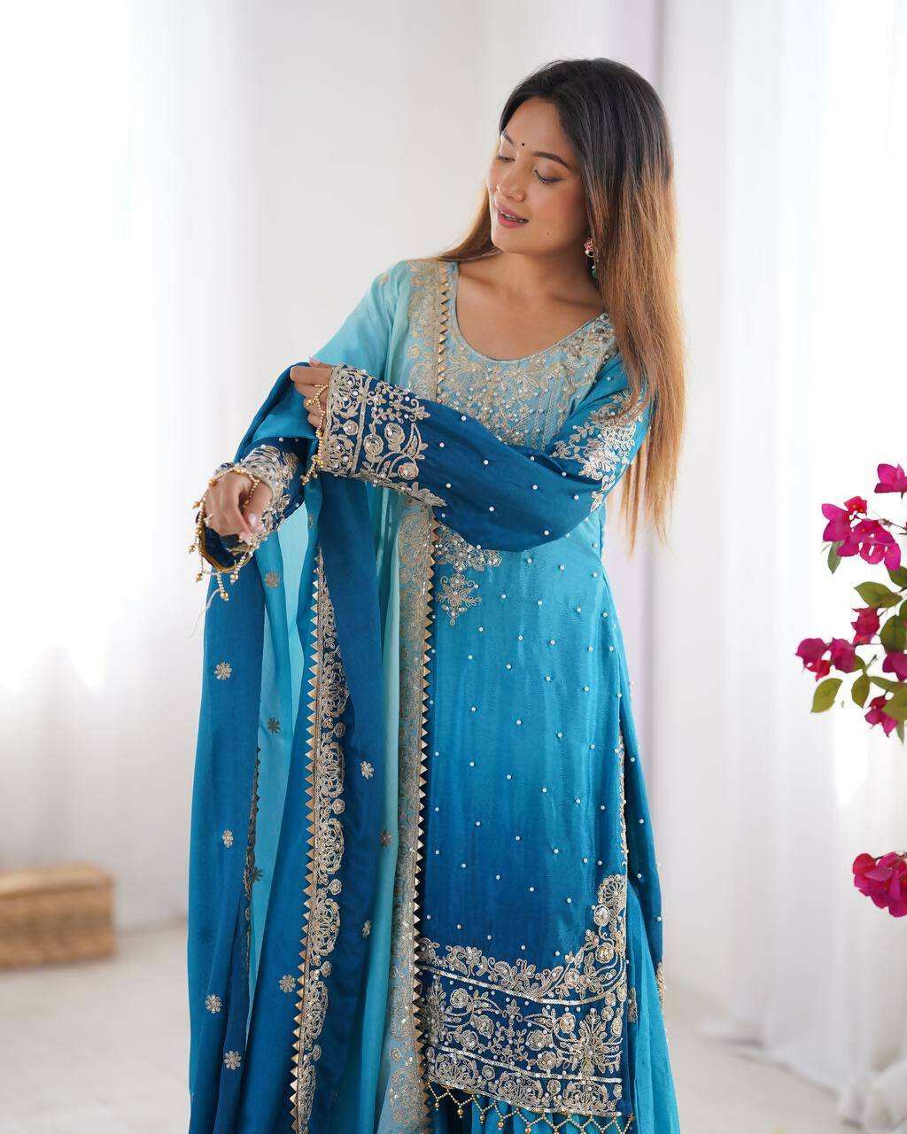The52 Women's Beautiful Chinon silk Fabric Embroidery Work Straight Kurta Palazzo and Dupatta Set - Distacart