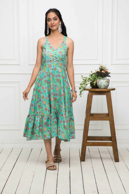 Myshka Women Green Floral Cotton A-Line Round Neck Long Dress
