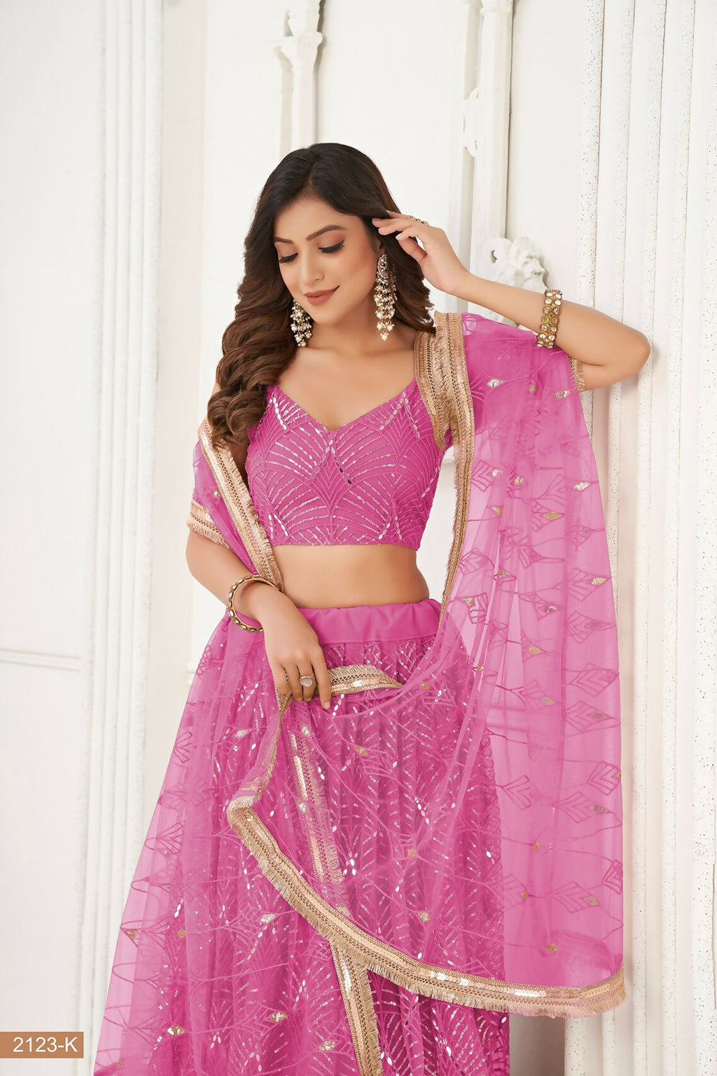 Eilara Pink Thread Sequin Embroidered Net Lehenga Set