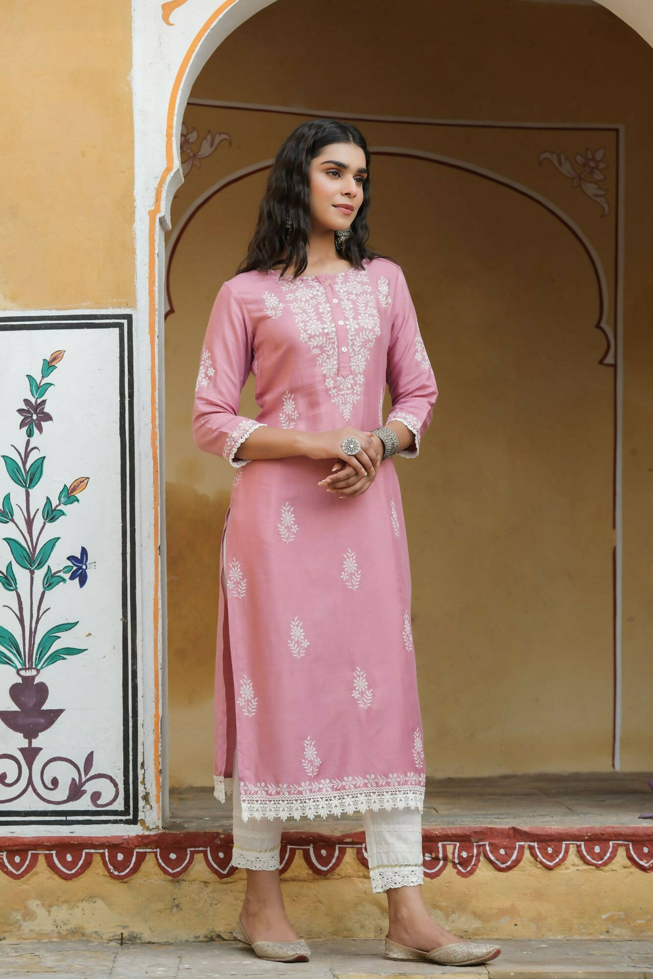 Juniper Women's Onionpink Shantoon Printed Straight Kurta - Distacart