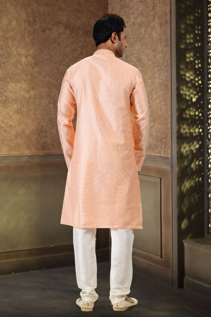 Raivat Ethnic Jacquard Banarasi Silk Thread Work Kurta Pajama In Peach Colour - Distacart