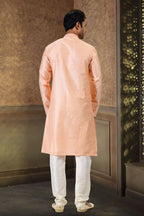 Raivat Ethnic Jacquard Banarasi Silk Thread Work Kurta Pajama In Peach Colour - Distacart