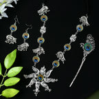 Mominos Fashion Johar Kamal Oxidised Silver-Plated Brass Finish Peacock Design Long Necklace Set For Women - Distacart