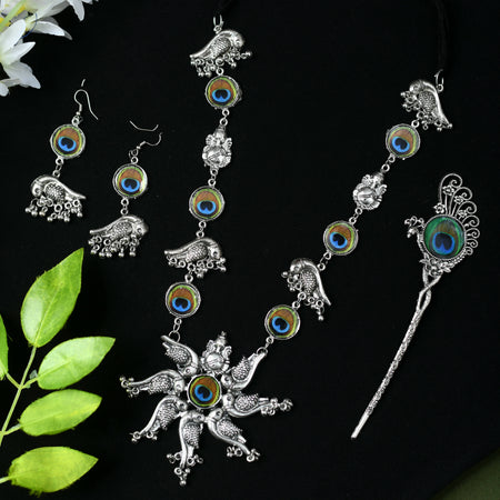 Mominos Fashion Johar Kamal Oxidised Silver-Plated Brass Finish Peacock Design Long Necklace Set For Women