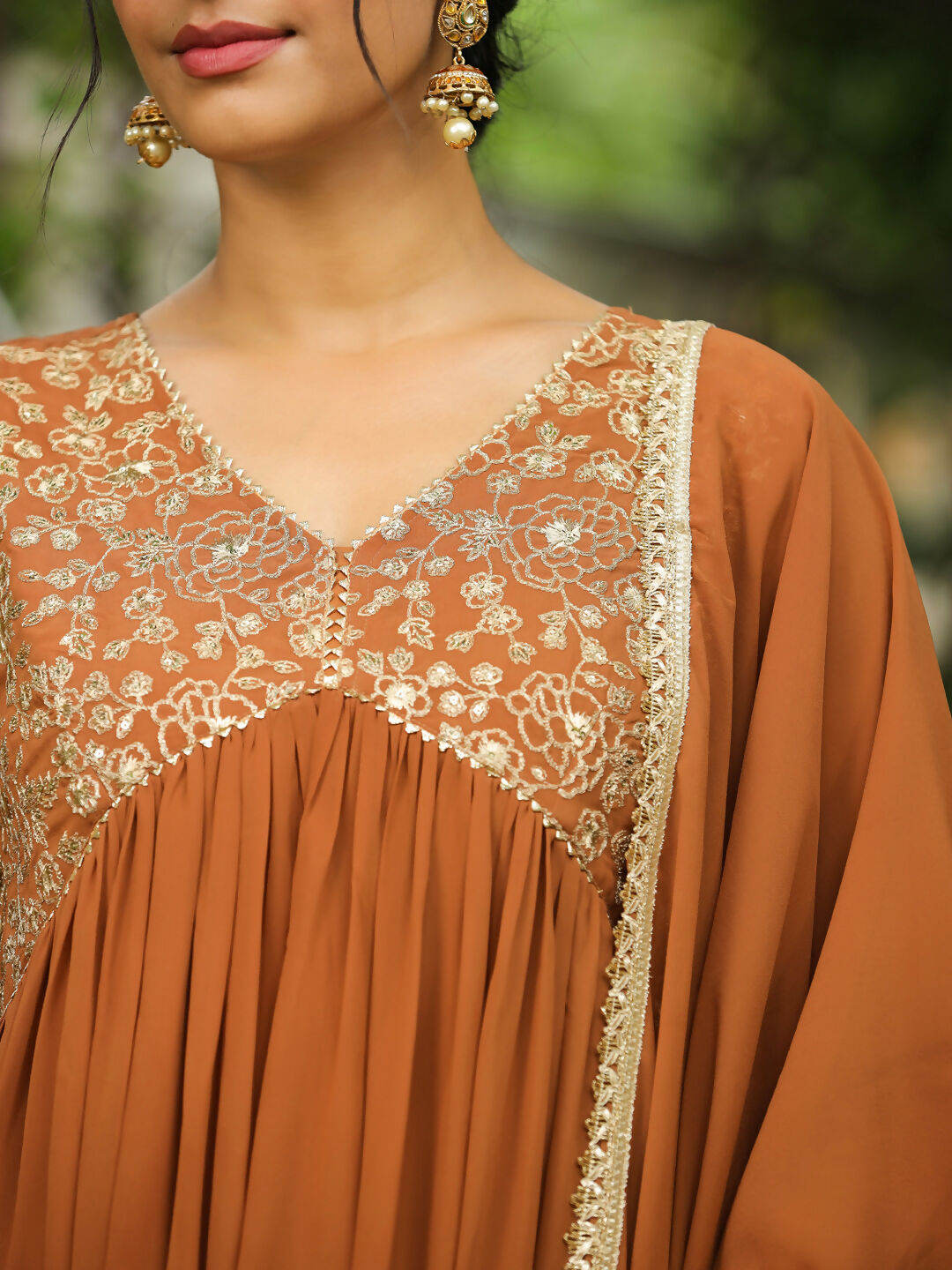Janasya Brown Georgette Yoke Embroidery Kurta,Bottom & Dupatta