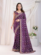 Voilet Vichitra Silk Bandhani Printed, Embroidery Work Saree - Ditya