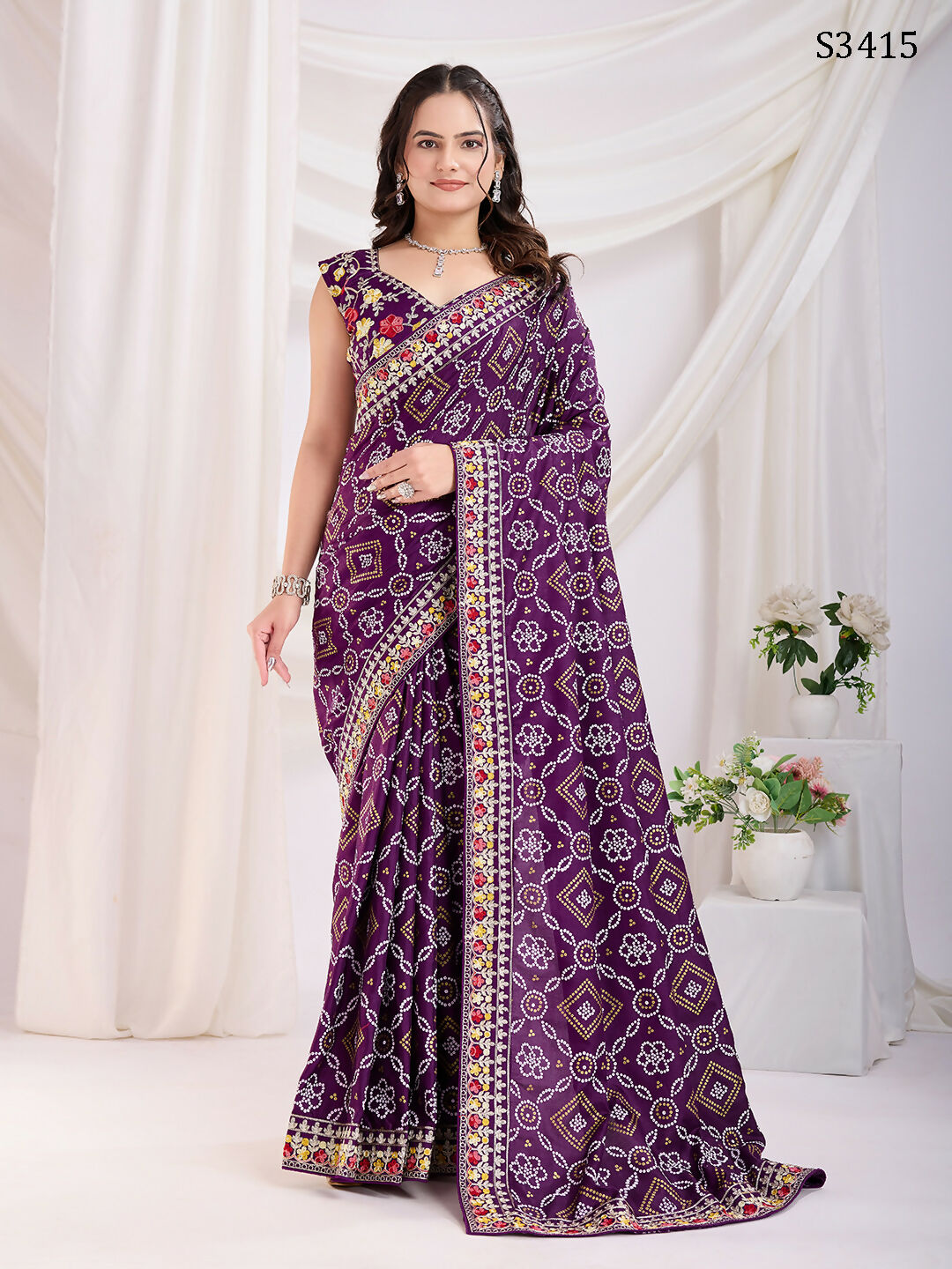 Voilet Vichitra Silk Bandhani Printed, Embroidery Work Saree - Ditya