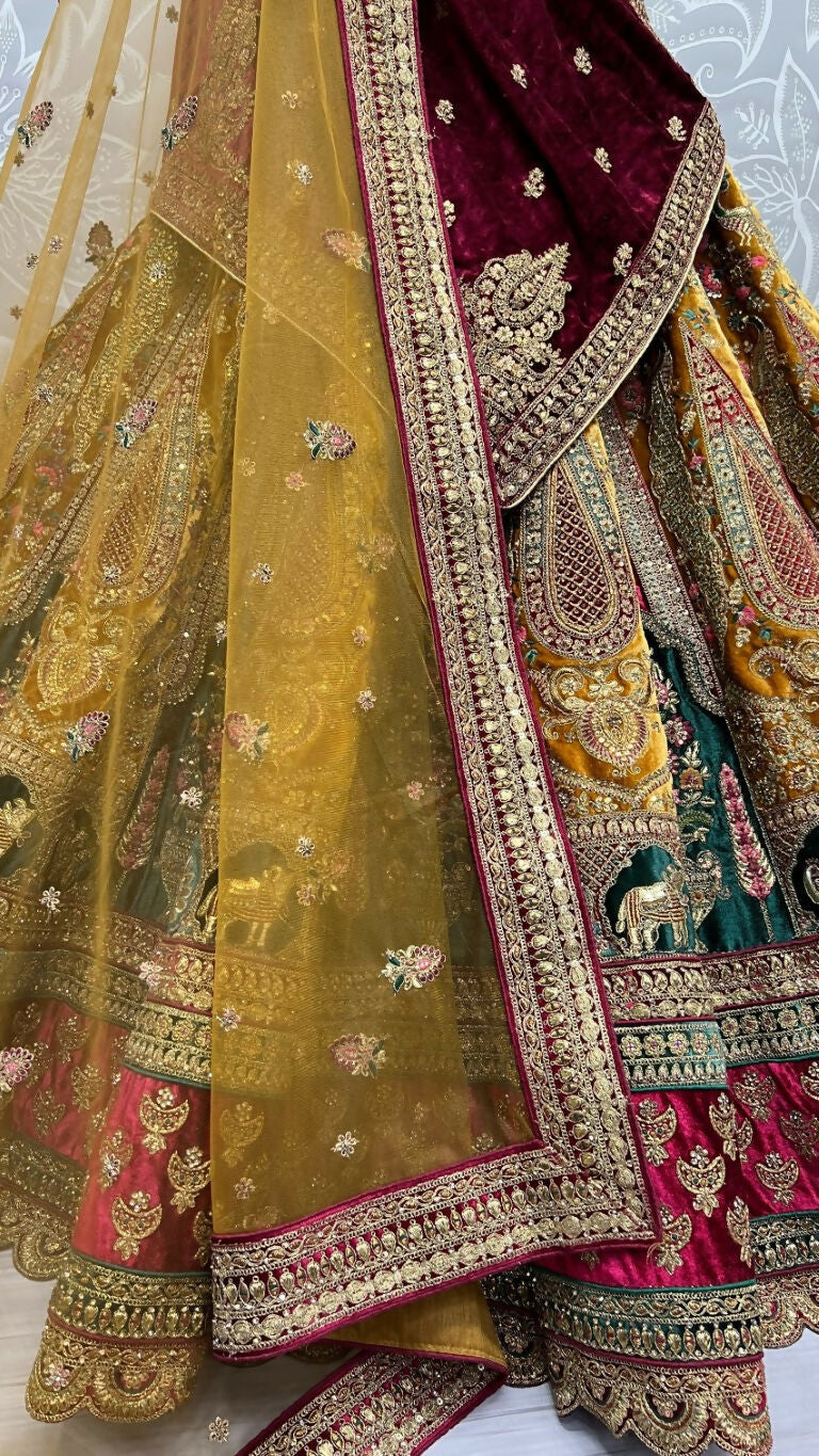 Jyoti Fashion Women's Mustard Velvet Multi Thread Embroidered, Patch Work with Zircon Diamond Wedding Lehenga Choli