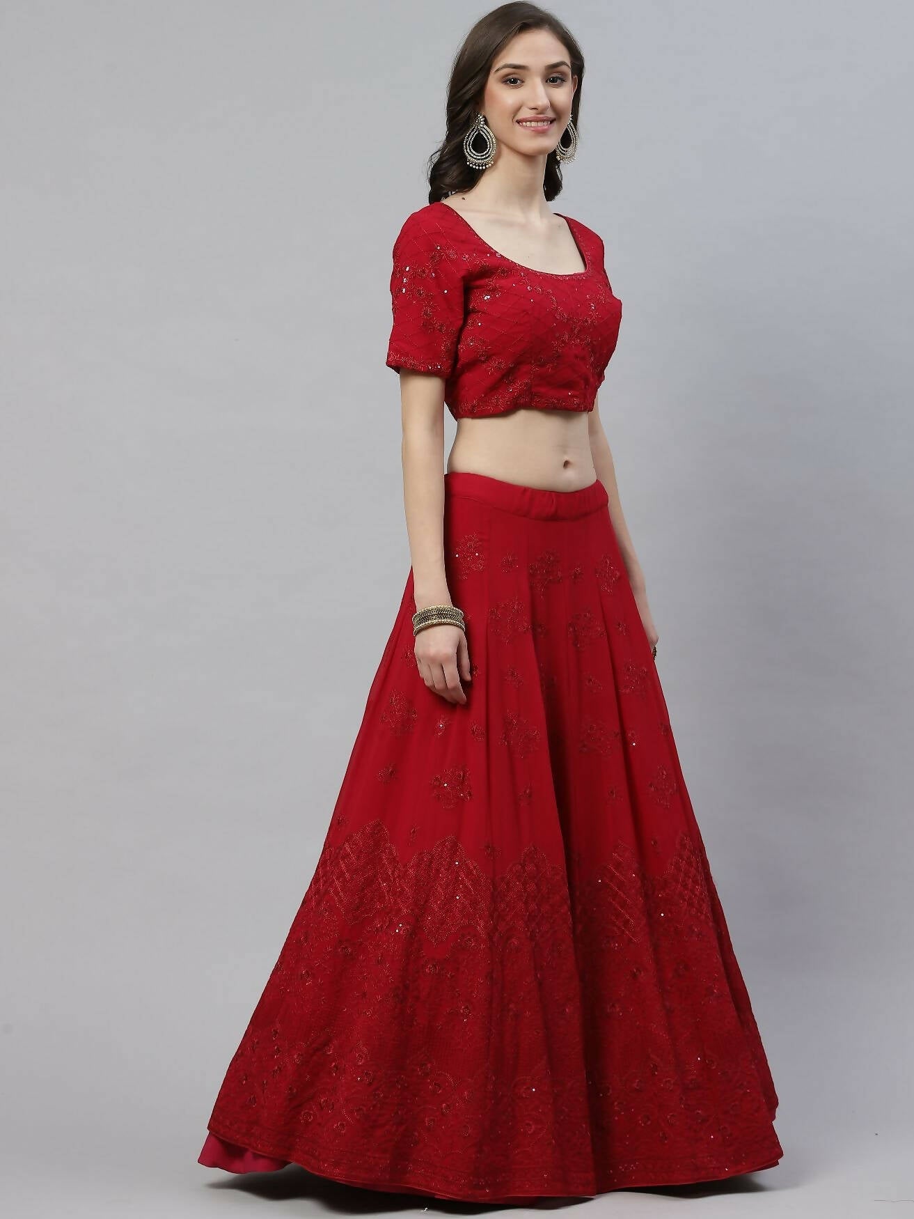 Dark Pink Georgette Thread with Sequins Embroidered work Lehenga Choli with Dupatta - Jivika