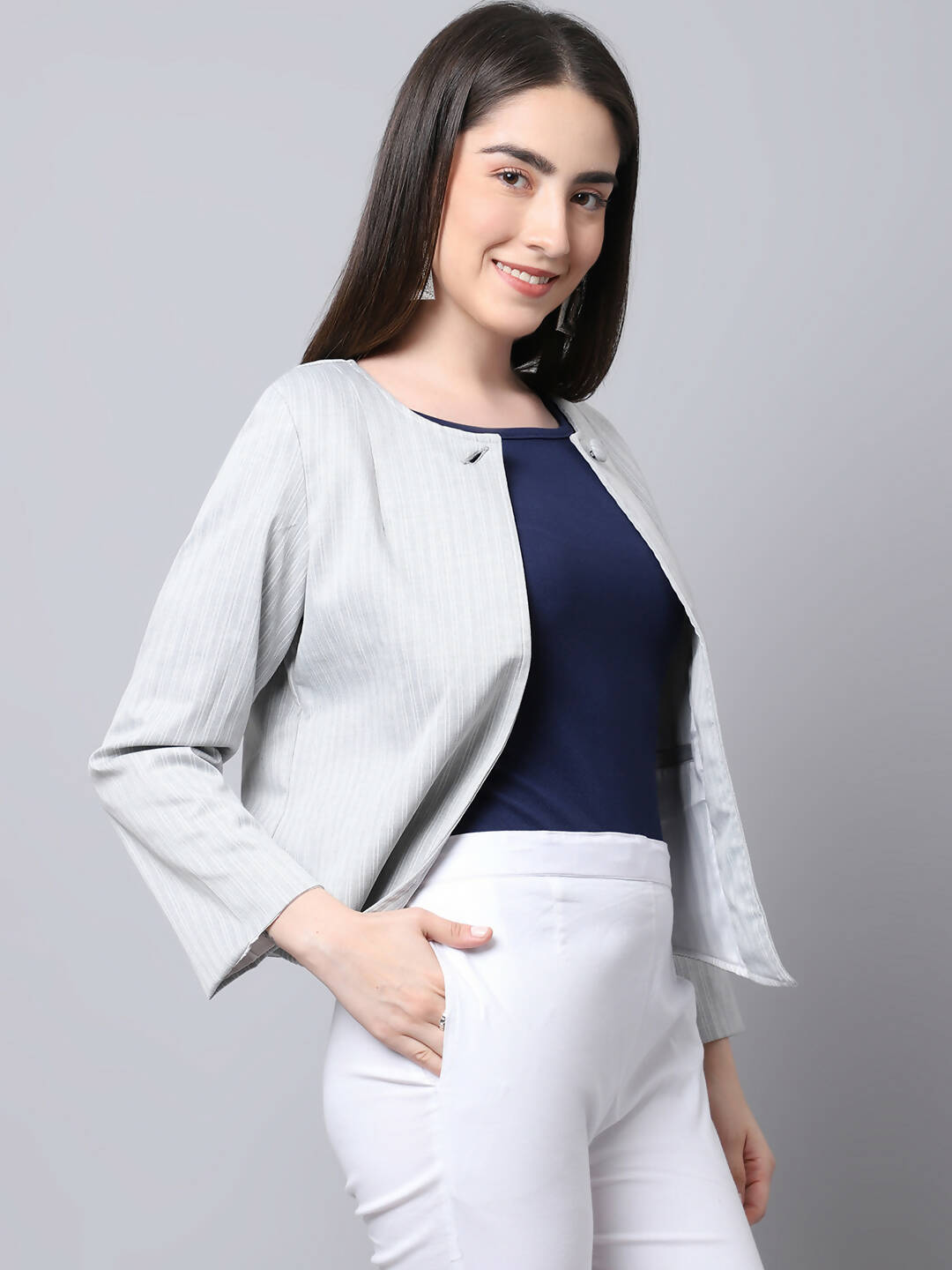Even Apparels Grey Polywool Open Front Statement Women's Jacket - Distacart