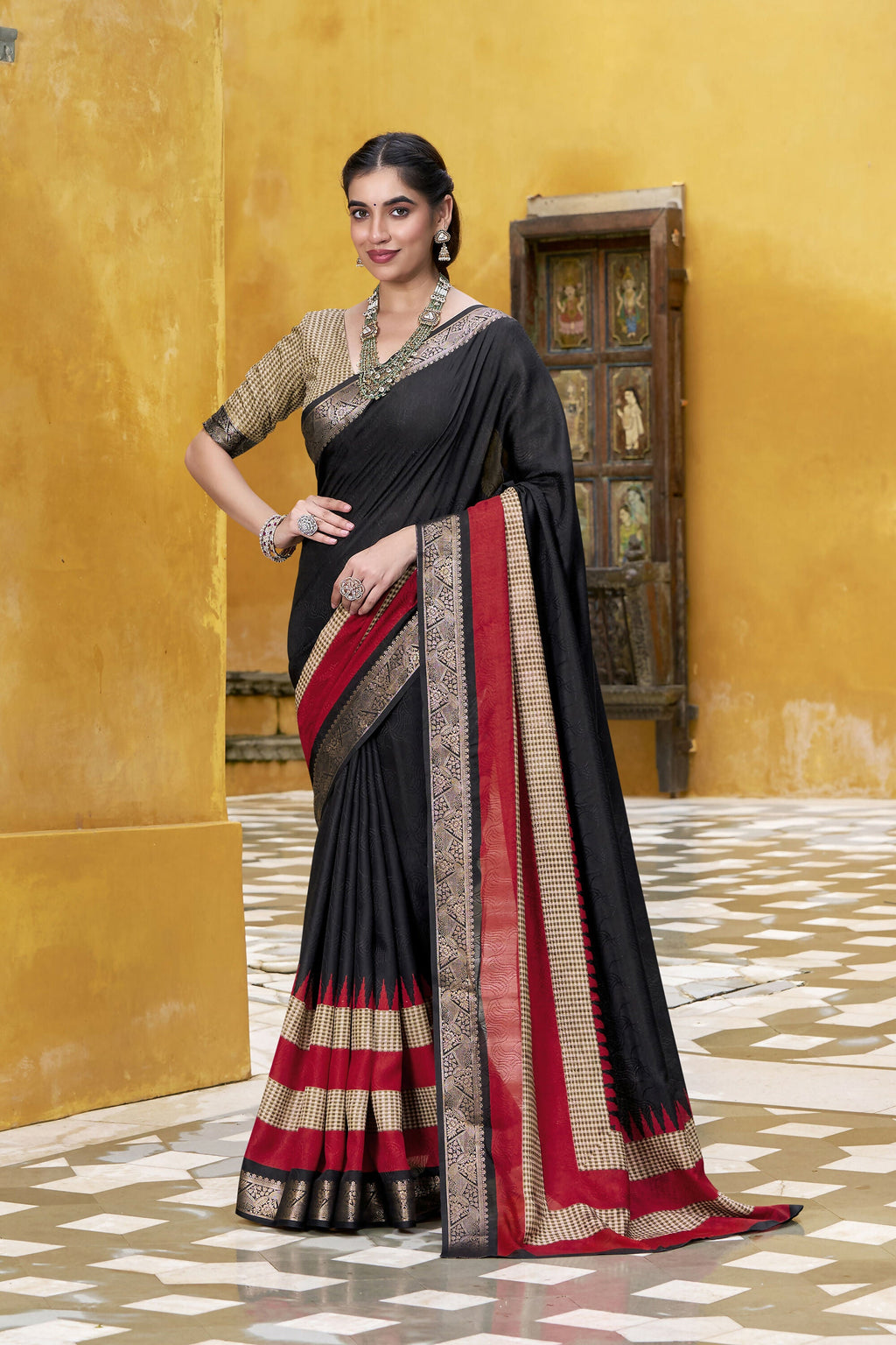 Vastranavya Black Printed with Zari Weaving Work Poly Cotton Saree & Unstitched Blouse - Distacart