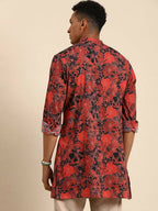Red & Black Men pure Cotton Floral Printed Straight Kurta - Mahotsav