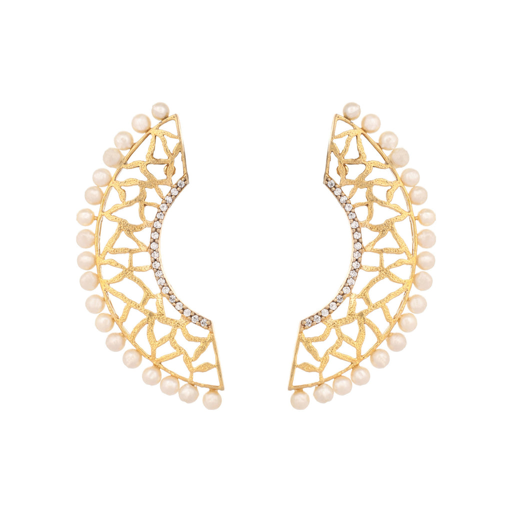 Nuyug 22K Gold-Plated Zircon Studded & Pearl Beaded Contemporary Shaped Statement Stud Earrings - Distacart