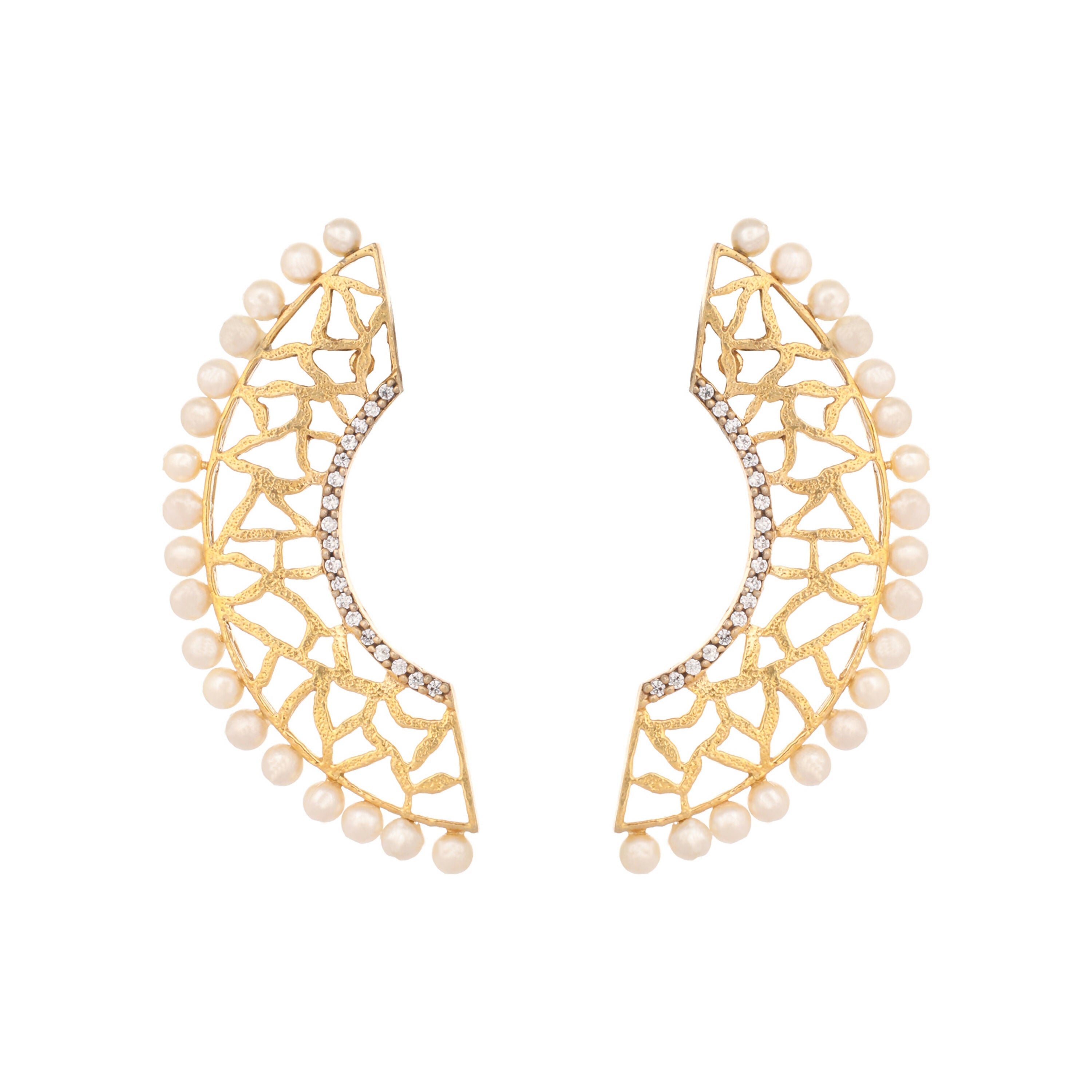 Nuyug 22K Gold-Plated Zircon Studded & Pearl Beaded Contemporary Shaped Statement Stud Earrings - Distacart