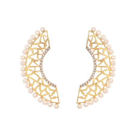Nuyug 22K Gold-Plated Zircon Studded & Pearl Beaded Contemporary Shaped Statement Stud Earrings
