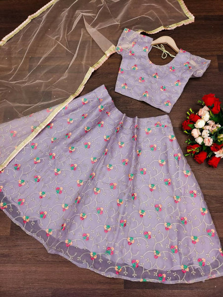Jyoti Fashion Beautiful Purple Organza Silk Embroidered Kids Lehenga Choli Set