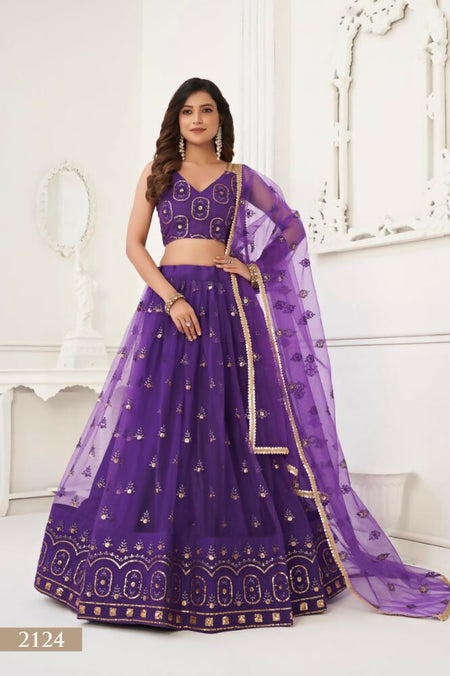 Aastha Fashion Purple Butterfly Net Tone To Tone Thread Work And Sandwich Sequence Work Embroidery Wedding Wear Lehenga Choli