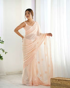 Attractive Looking Georgette Thread, Sequance Embroidery Work Party Wear Saree - Peach