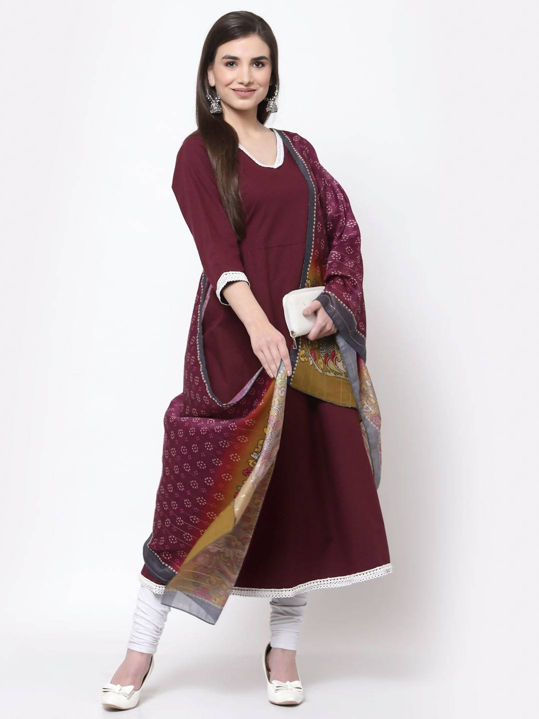 Myshka Burgandy Printed Cotton Full Sleeve V Neck Casual Kurta Dupatta Set