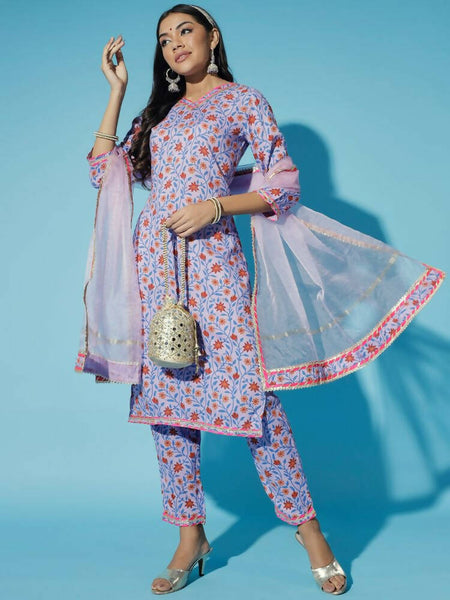 Myshka Women Lavender Printed Kurta & Trousers With Dupatta