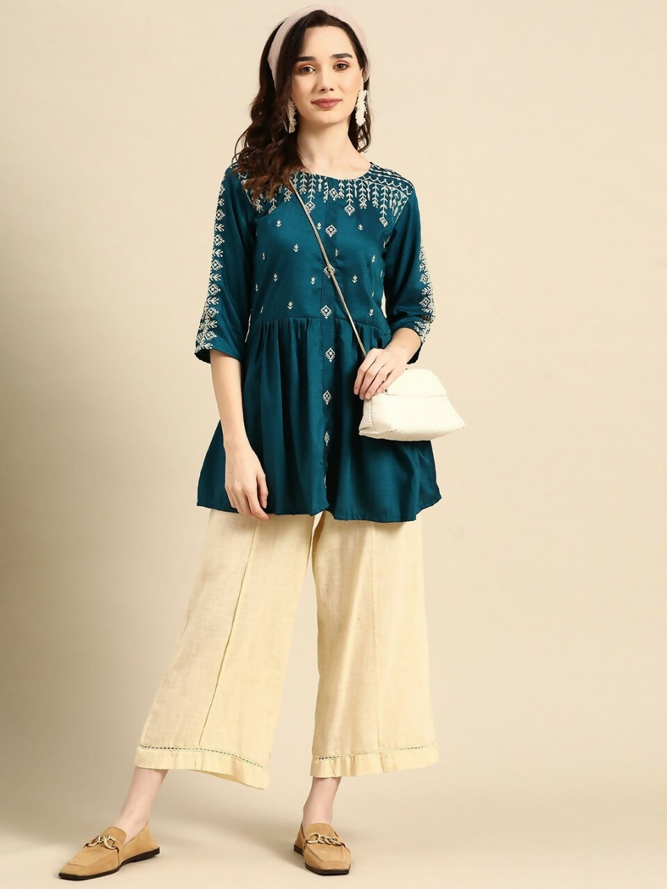 Women's Teal Viscose blend Embroidered Short Top - Marina