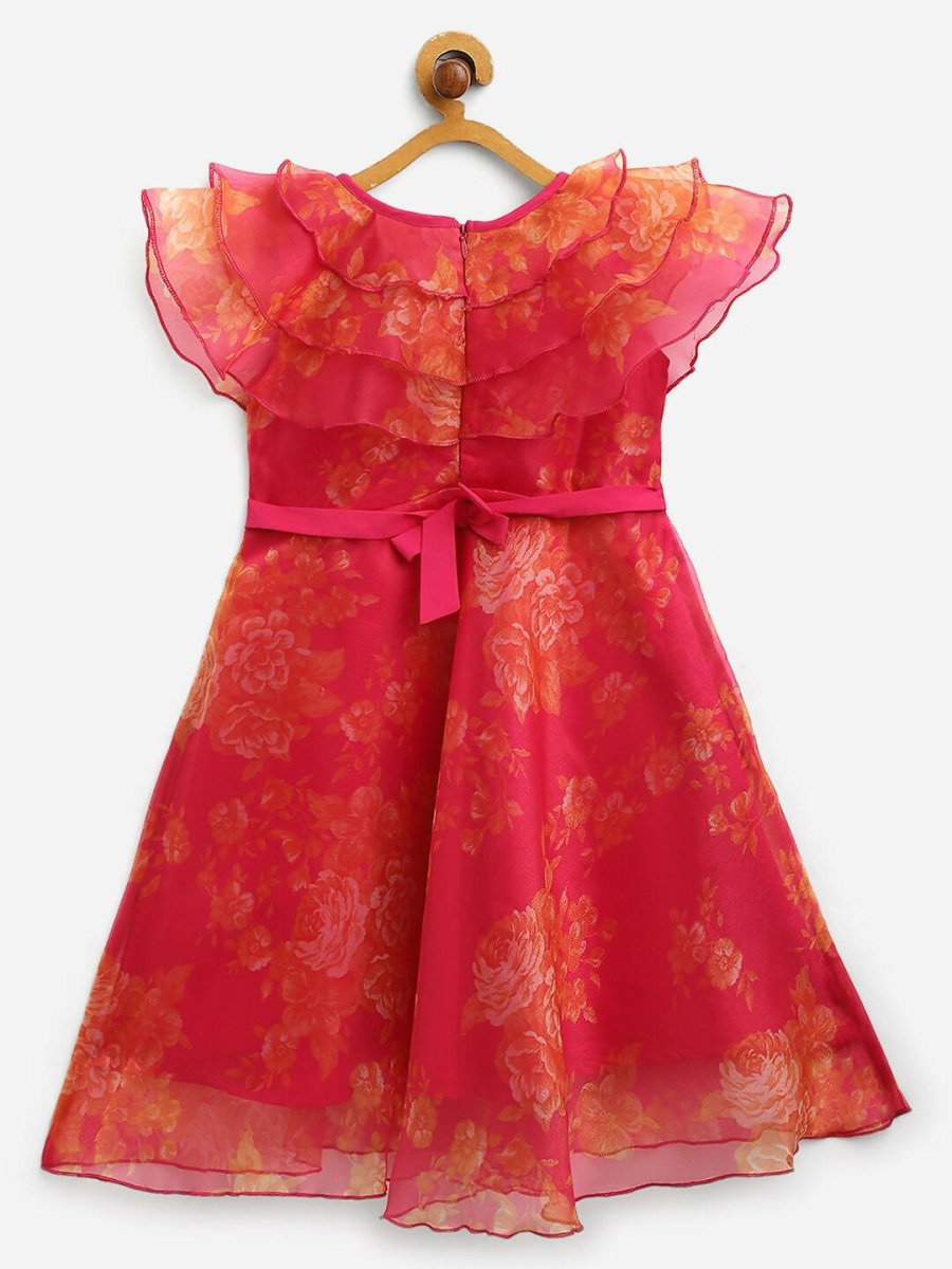 Ahalyaa Pink Organza Digital Print Kids Dress Kurta For Girls