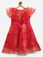 Ahalyaa Pink Organza Digital Print Kids Dress Kurta For Girls