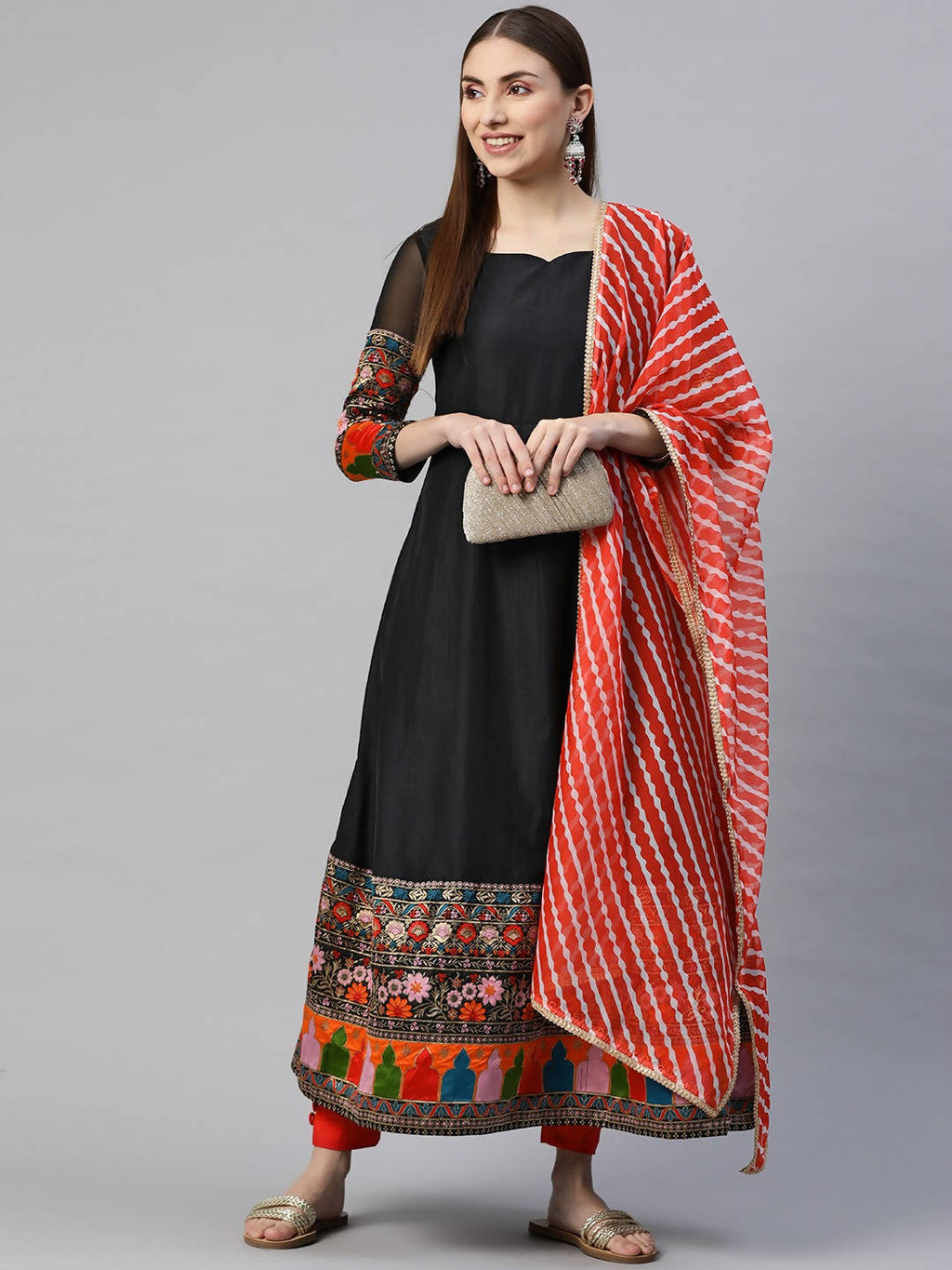 Myshka Multicolor Solid 3/4 Sleeve Sweetheart Neck Anarkali Gown With Dupatta - Distacart
