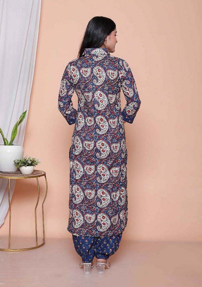 Miravan Womens Cotton Floral Printed Shirt-Collar Straight Kurta And Palazzo Set - Distacart