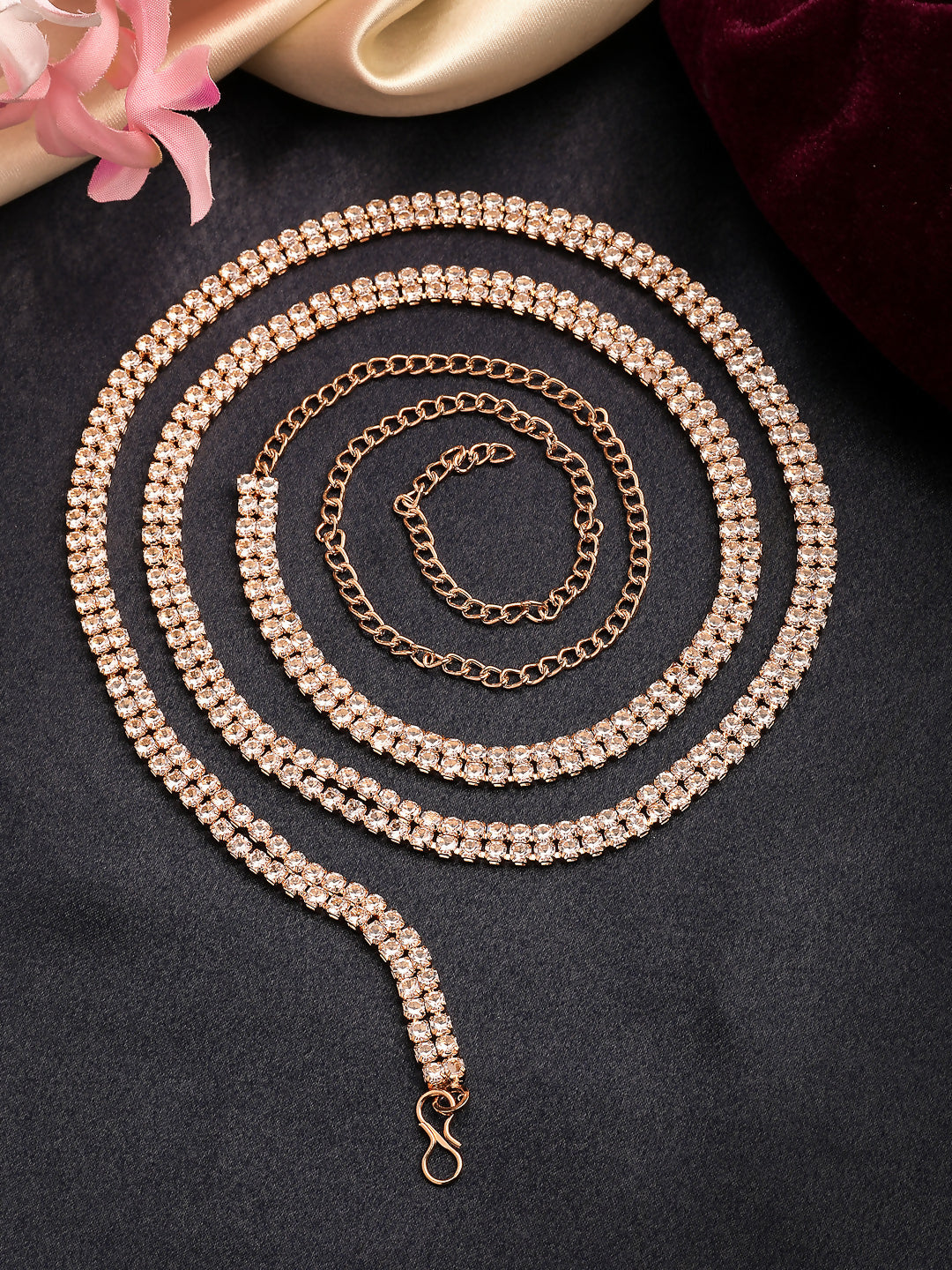 NVR Women's Rose Gold-Polished AD-Studded Double Layered Kamarbandh Waist Chain