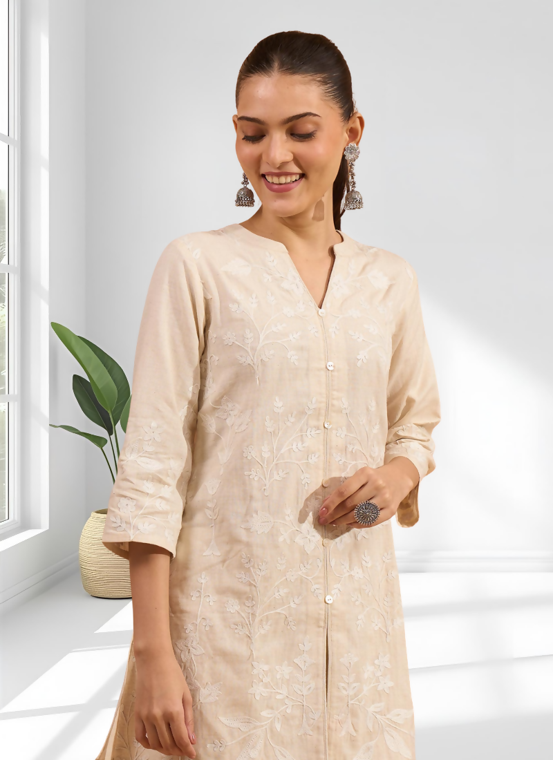Joban Fashion Cream Linen Embroidered Readymade Cord Set - Distacart