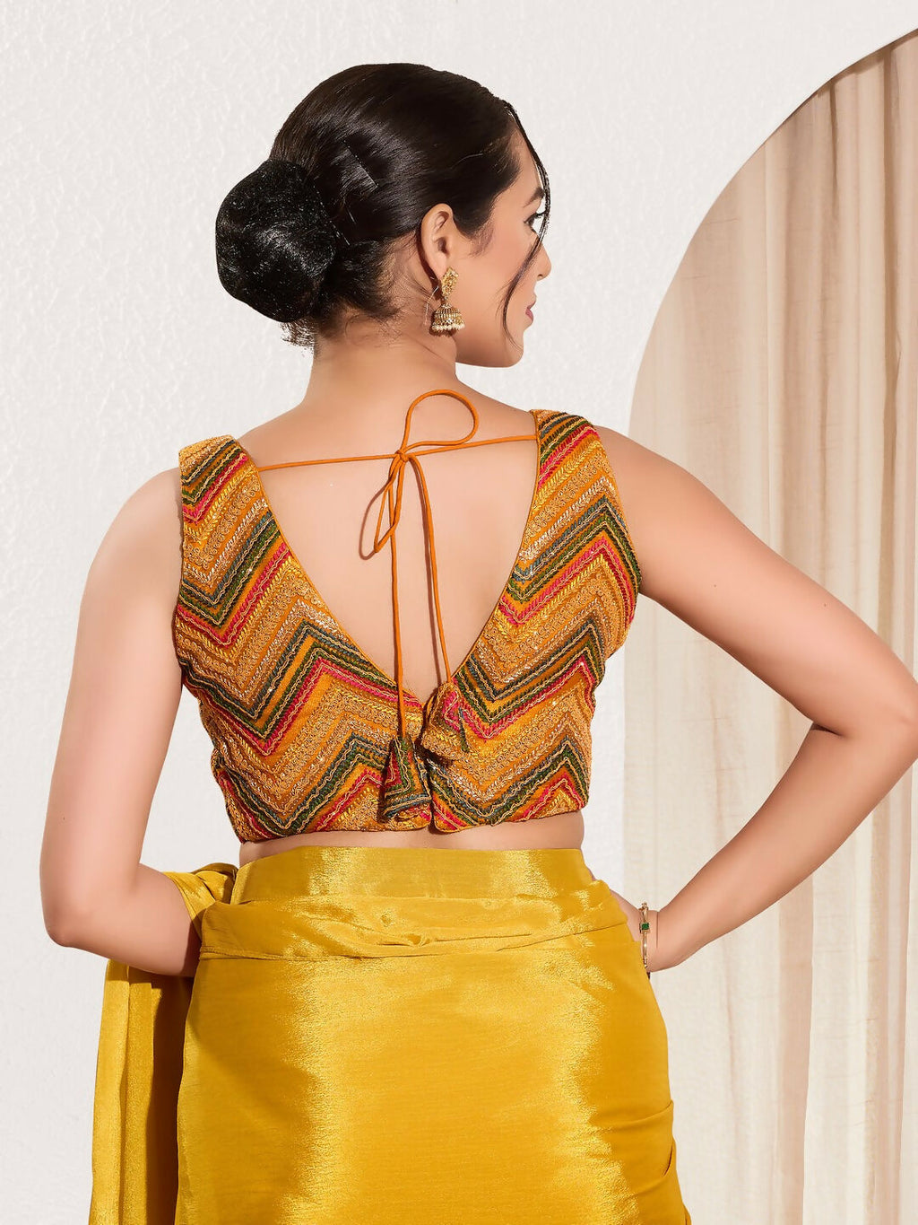 Joban Fashion Mustard Net Padded Blouse With V Neck Sleeveless - Distacart