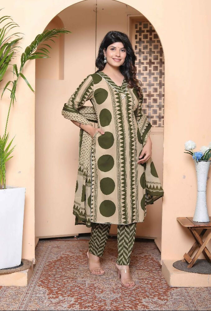 Miravan Womens Polka Dot Printed V-Neck Kurta With Palazzo And Dupatta Set - Distacart