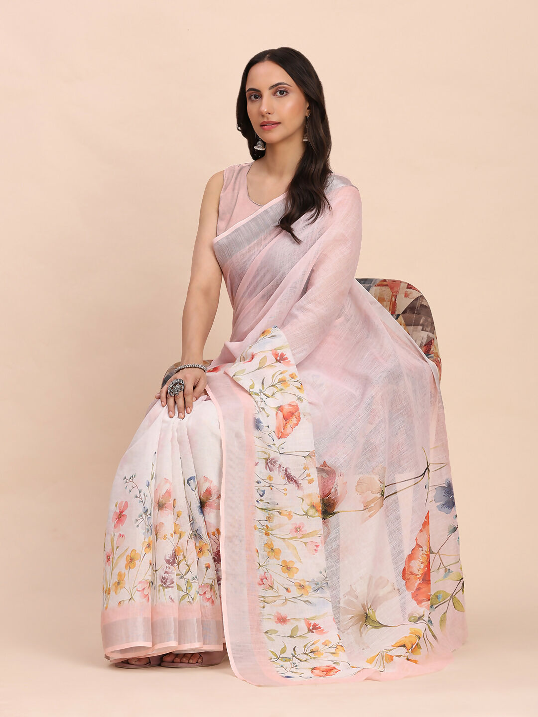 Shree Shyam Fashion Linen Cotton Light Pink Saree - Distacart