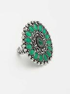 NVR Women's Green Silver-Plated Circular Shape Adjustable Finger Ring