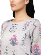Ahalyaa Women Grey Chanderi Silk Printed Kurta Pant Set