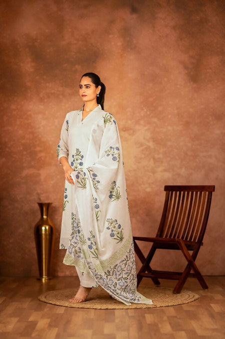 Joban Fashion Off White Blue Hand Block Printed Cotton Suit Set