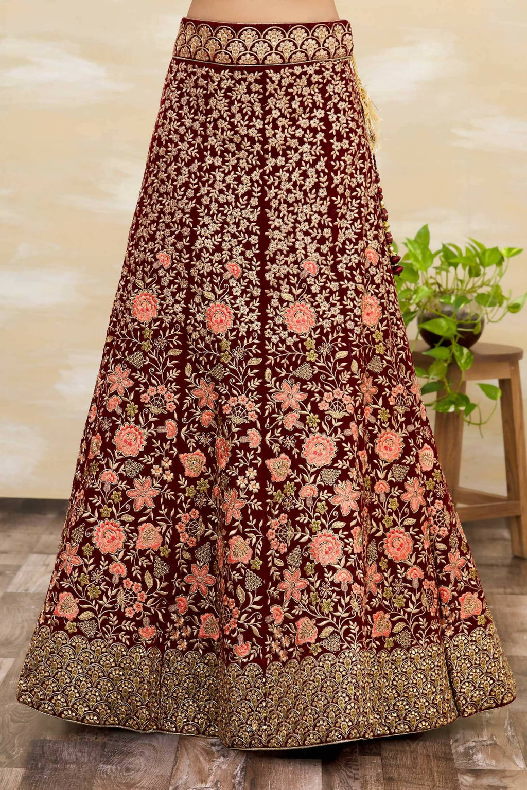 Maroon Velvet Semi-Stitched Wedding Bridal Lehenga - Nimaya