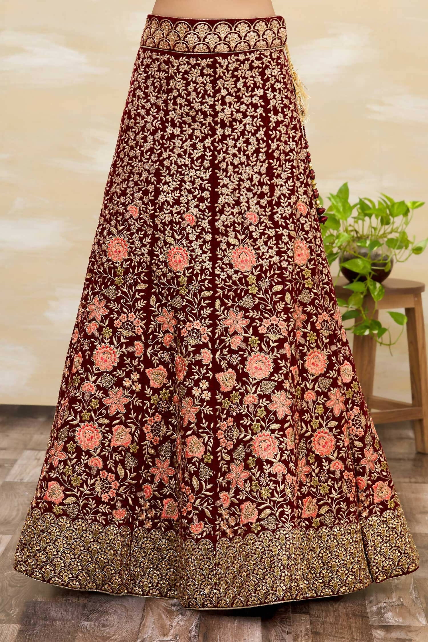 Maroon Velvet Semi-Stitched Wedding Bridal Lehenga - Nimaya