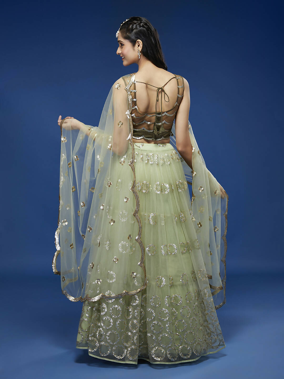 House of Panchhi Lime Green Net Embroideried Round Sequins Lehenga