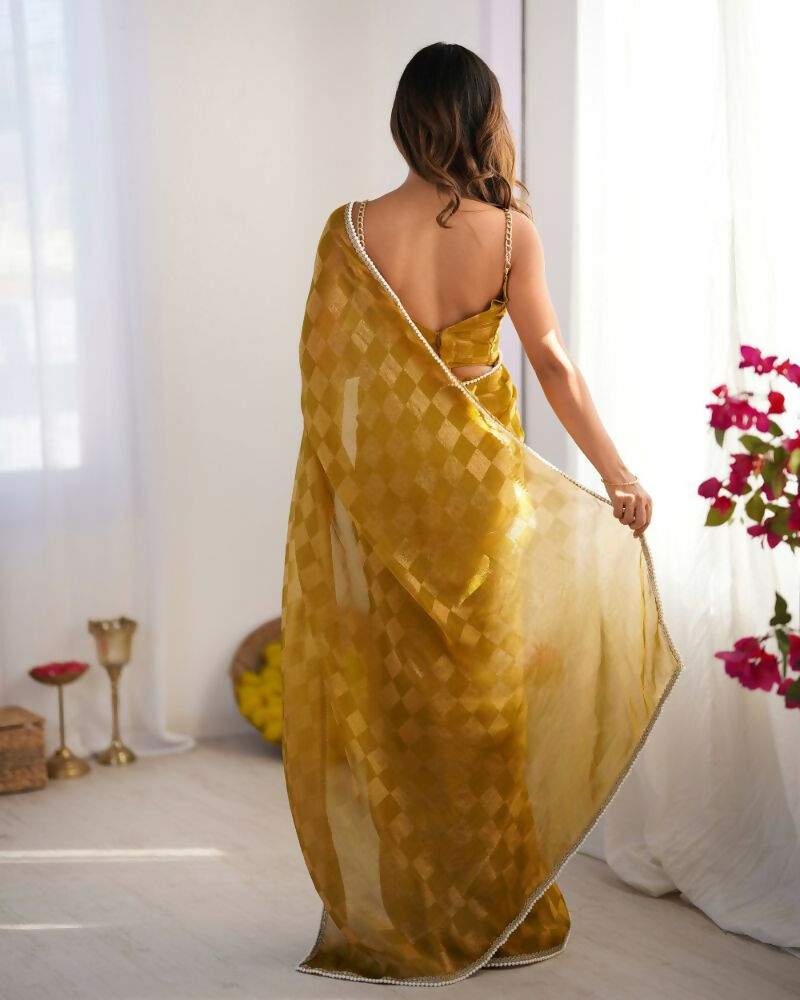 NC Chiffon Chex Wevon Chex Designer, Lace Party Wear Saree - Mustard