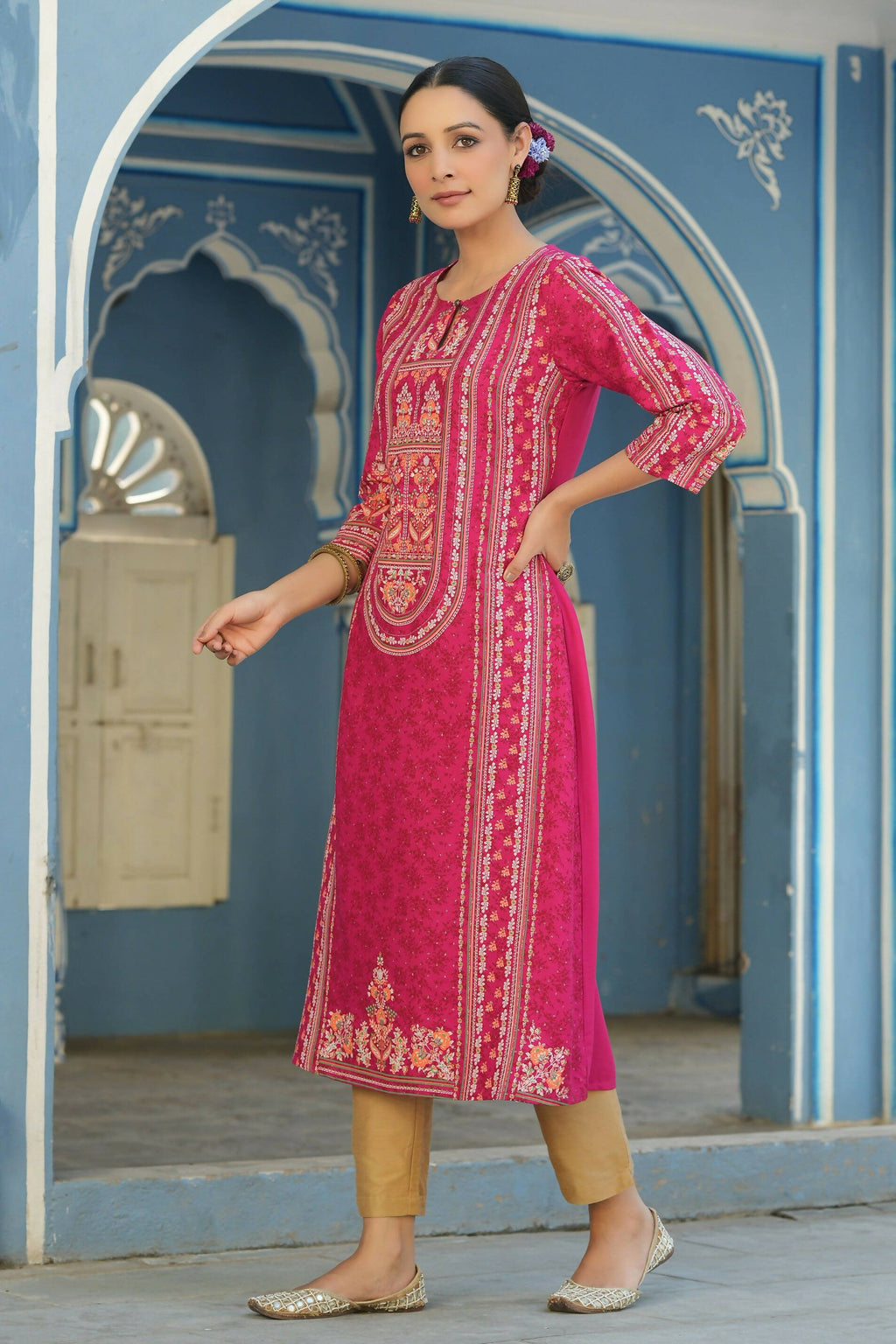 Juniper Women's Fuchsia Rayon Staple Placement Printed A-Line Kurta - Distacart