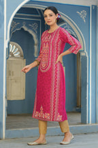 Juniper Women's Fuchsia Rayon Staple Placement Printed A-Line Kurta - Distacart